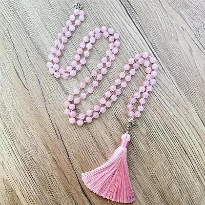 Natural Rose Quartz Mala Prayer Round Beaded Wrap Necklaces with Long Tassel and Metal Tree of Life FS-WG93CBE-02-1