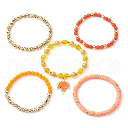 5Pcs 5 Styls Autumn Acrylic & Polymer Clay & Plastic Round Beaded Stretch Bracelet Sets BJEW-JB10972-1