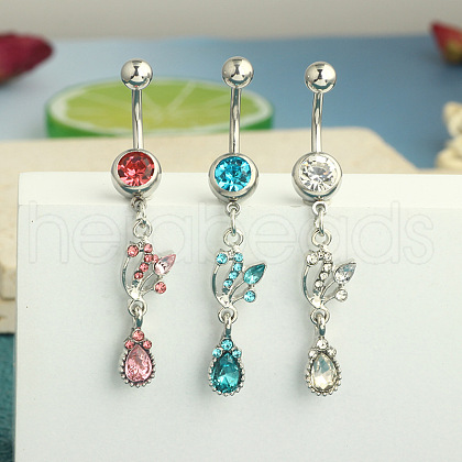 304 Stainless Steel Cubic Zirconia Teardrop Dangle Belly Rings WG60E11-03-1