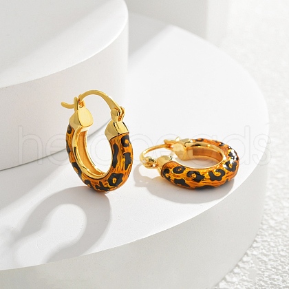 Leopard Print Brass Enamel Hoop Earrings for Women EJEW-U055-11B-G-1