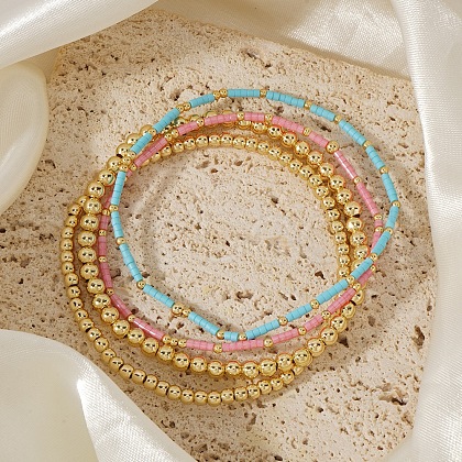4Pcs 4 Styles Glass Seed Cylinder Beads Stretch Bracelet & Brass Round Beads Stretch Bracelet Set BP7471-1-1