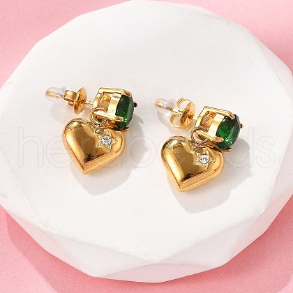 Heart 304 Stainless Steel Micro Pave Cubic Zirconia Dangle Stud Earrings EJEW-V016-01G-03-1