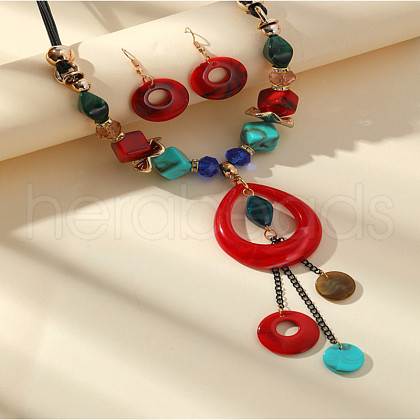 Cube & Ring & Teardrop Bohemian Acrylic Pendant Necklaces & Dangle Earrings Sets FS-WG635C7-01-1