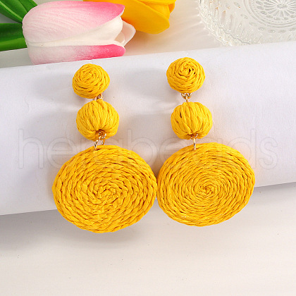 Flat Round Alloy Raffia Dangle Stud Earrings FS-WG4F3C4-01-1