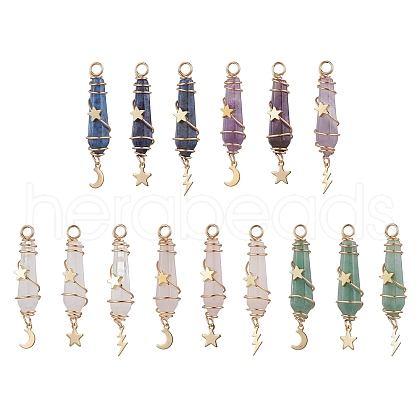 3Pcs 3 Styles Natural Mixed Stone Pointed Copper Wire Wrapped Faceted Bullet Big Pendants PALLOY-JF03572-1