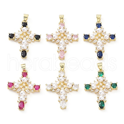 Brass Pave Cubic Zirconia with ABS Plastic Imitation Pearl Pendants KK-G467-01G-1