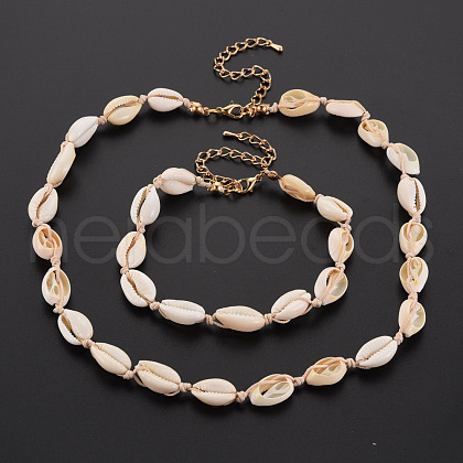 Natural Shell Beaded Necklace and Bracelet SJEW-T002-01-1