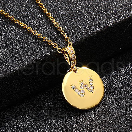 Brass Micro Pave Clear Cubic Zirconia Flat Round with Letter Pendant Necklaces FS-WG00655-23-1
