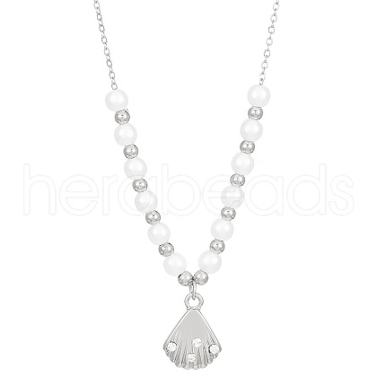 Shell Shape Alloy Crystal Rhinestone Pendant Round Plastic Imitation Pearl Beaded Necklaces for Women FS-WG40A88-09-1