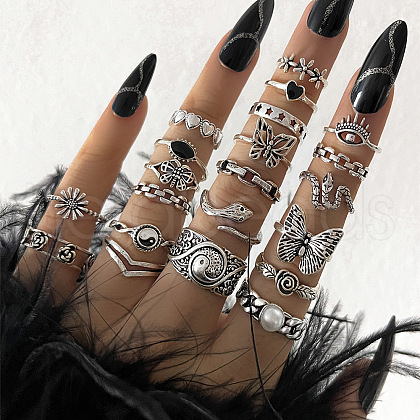21Pcs Alloy Enamel with Plastic Pearl Finger Rings Sets FS-WG05D6A-01-1