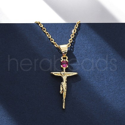 Religion Brass Pave Deep Pink Cubic Zirconia Jesus Cross Pendant Necklaces NJEW-L184-01G-1