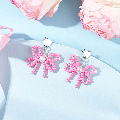 Heart with Bowknot Handmade Glass Seed Beads Dangle Stud Earrings EJEW-MZ00474-04-1