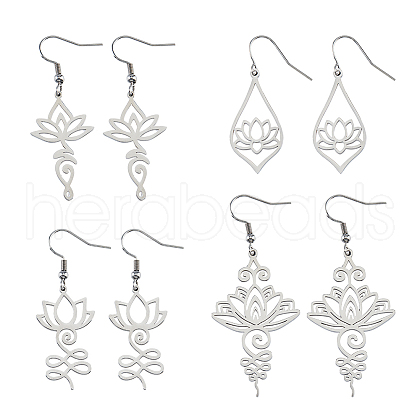 FIBLOOM 4 Pairs 4 Style 304 Stainless Steel Long Dangle Earrings EJEW-FI0002-55-1