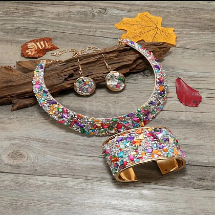Flat Round Alloy Rhinestone & Resin Chip Choker & Cuff Bangle & Dangle Earring Sets FS-WG7609E-03-1