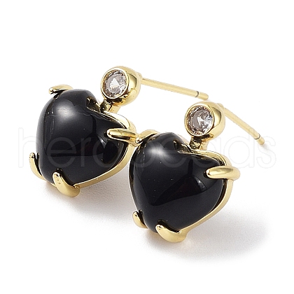 Heart Natural Dyed & Heated Black Agate Dangle Stud Earrings with Cubic Zirconia EJEW-B027-23G-1