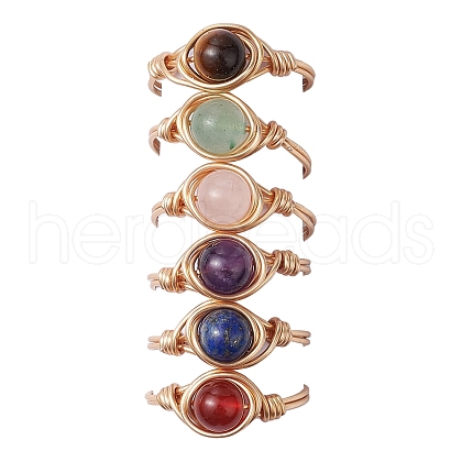 Round Natural Amethyst/Green Aventurine/Carnelian/Rose Quartz/Tiger Eye/Lapis Lazuli Braided Finger Ring RJEW-JR00743-02-1