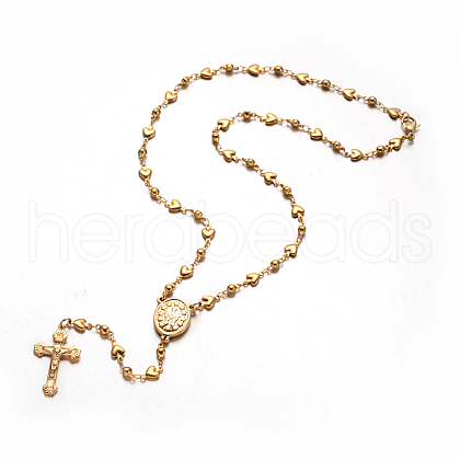 Crucifix Cross with Oval Rosary Bead Necklace NJEW-E070-33G-1