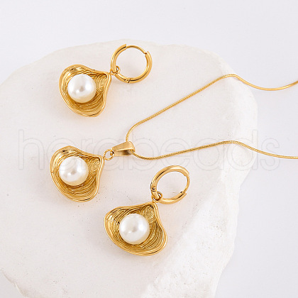Shell Shape Stainless Steel Hoop Earrings & Pendant Necklaces Sets HT5735-3-1