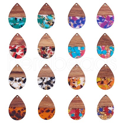16Pcs 8 Styles Transparent Resin & Walnut Wood Pendants RESI-SZ0001-78-1