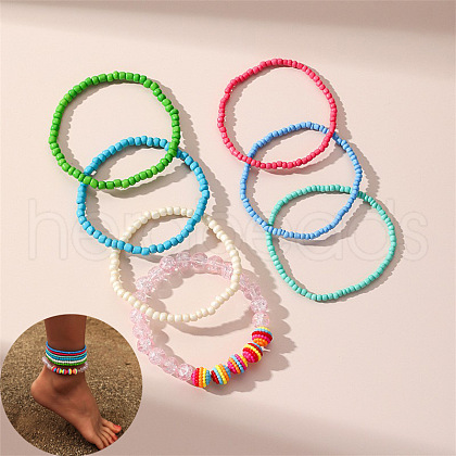 Bohemian Round Resin & Glass Seed Beaded Stretch Multi-Layered Anklet Sets WG187EB-17-1