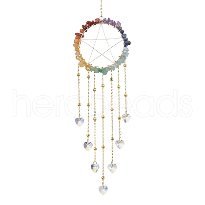 Wire Wrapped Chakra Natural Gemstone Chips Ring with Star Hanging Ornaments HJEW-JM02367-1