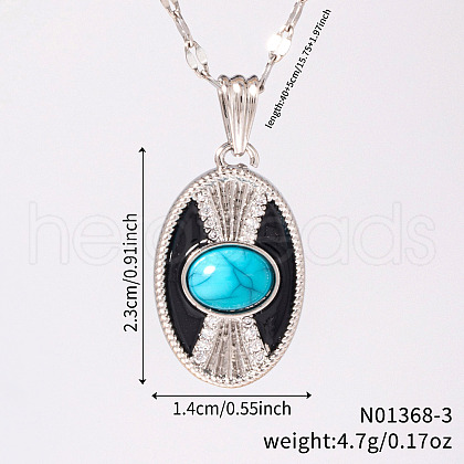 Vintage Brass Pave Synthetic Turquoise & Clear Cubic Zirconia Oval Pendant Necklaces KL9369-1-1
