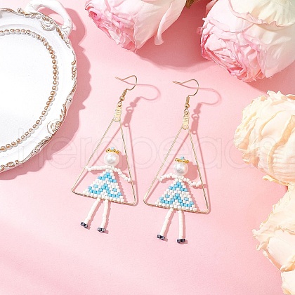Girl with Triangle Brass Glass Seed Beads Dangle Earrings EJEW-MZ00453-01-1