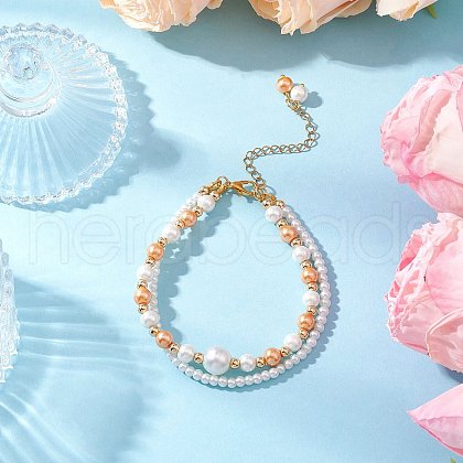 Glass Pearl Round Beaded Multi-strand Bracelets BJEW-JB11918-02-1