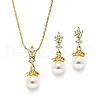 Round Brass Micro Pave Clear Cubic Zirconia with Plastic Pearl Pendant Necklace & Stud Dangle Earring FS-WG1CF3E-01-1