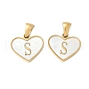 304 Stainless Steel Pave Natural White Shell Heart with Initial Slice Pendants STAS-R168-25G-S-1