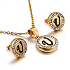 Flat Round with Letter Pattern 304 Stainless Steel Crystal Rhinestone Pendant Necklace & Stud Earring FS-WG33EDD-21-1
