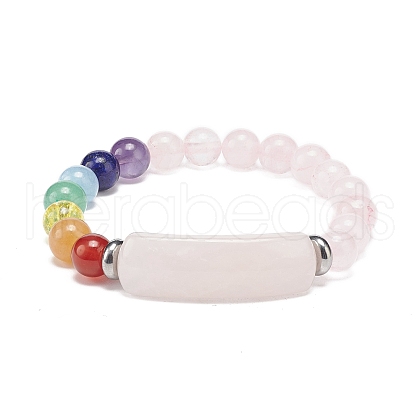 Natural Rose Quartz Rectangle & Mixed Stone Beaded Stretch Bracelet BJEW-JB08981-05-1