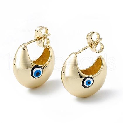 Enamel Crescent Moon with Evil Eye Stud Earrings EJEW-A093-01G-01-1