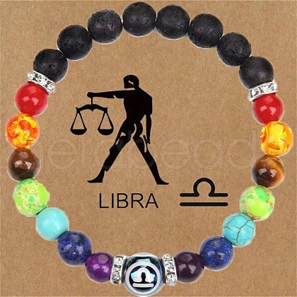 12 Constellations 7 Chakra Natural Lava Rock & Agate & Amethyst & Tiger Eye & Turquoise & Glass Round Beadeed Stretch Bracelets WG33A89-10-1