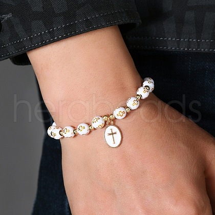 Oval with Cross Pattern Alloy Charm Bracelets FS-WG67826-01-1
