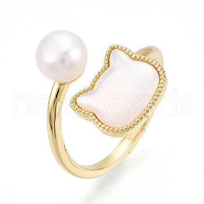 Mother's Day Jewellery Brass & Natural Pearls Adjustable Open Cuff Rings for Women PEAR-N020-07J-1