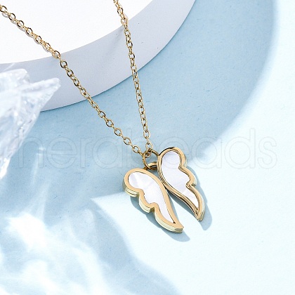 304 Stainless Steel with Plastic Imitation Shell Wing Pendant Necklaces for Women NJEW-Z065-01G-1