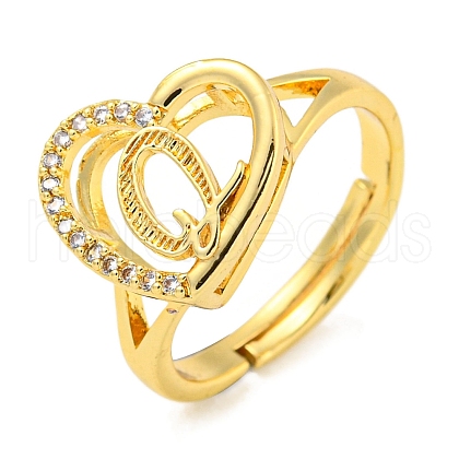 Heart with Letter Rack Plating Brass Micro Pave Cubic Zirconia Adjustable Rings for Women RJEW-I105-06G-Q-1