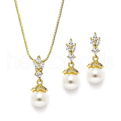 Round Brass Micro Pave Clear Cubic Zirconia with Plastic Pearl Pendant Necklace & Stud Dangle Earring FS-WG1CF3E-01-1