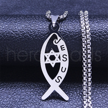 304 Stainless Steel Religion Jesus Fish Pendant Necklaces NJEW-H065-05P-1