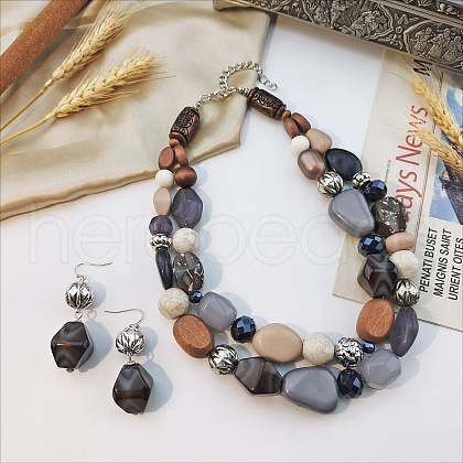 Wood Beaded Double Layer Necklaces & Dangle Earrings Sets FS-WGB5610-08-1
