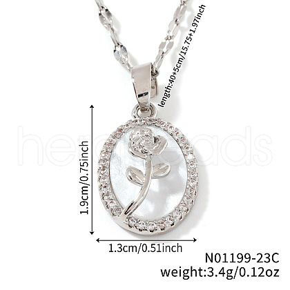 Elegant Brass Clear Cubic Zirconia Rose Oval Pendant Necklaces XA5195-1