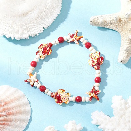 Starfish & Turtle Synthetic Turquoise Dyed Beads Stretch Bracelets for Women BJEW-JB11920-01-1