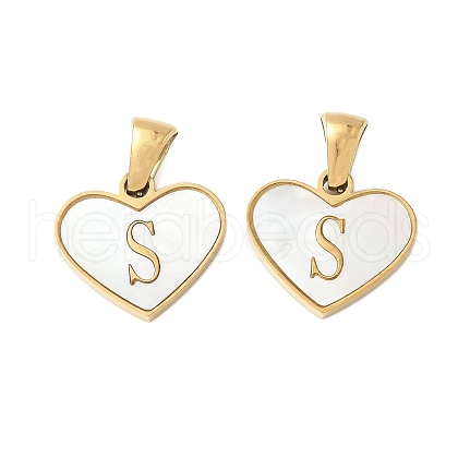 304 Stainless Steel Pave Natural White Shell Heart with Initial Slice Pendants STAS-R168-25G-S-1