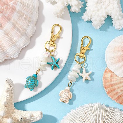2Pcs Starfish & Sea Turtle Synthetic Turquoise & Natural White Mother of Pearl Shell Chip Pendant Decorations HJEW-JM03169-1