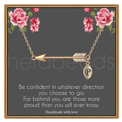 Brass Micro Pave Clear Cubic Zirconia Arrow with Letter Pendant Necklaces FS-WG43978-16-1