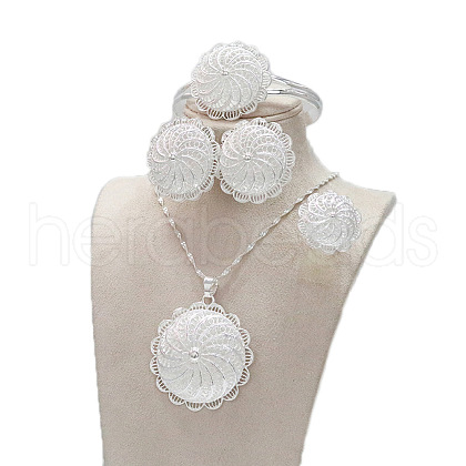 Flower Alloy Pendant Necklace & Stud Earring & Ring & Cuff Bangles Sets FS-WGA0F38-02-1