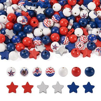 220Pcs Independence Day Theme Spray Painted Natural Wood Beads WOOD-TA0001-73-1