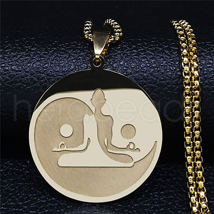 304 Stainless Steel Flat Round Buddhist Meditation Yoga Pendant Necklaces NJEW-K283-33G-1