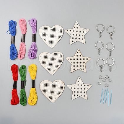 Wooden Heart Star Keychain Embroidery Beginner Kit DIY-WH20050-30-1